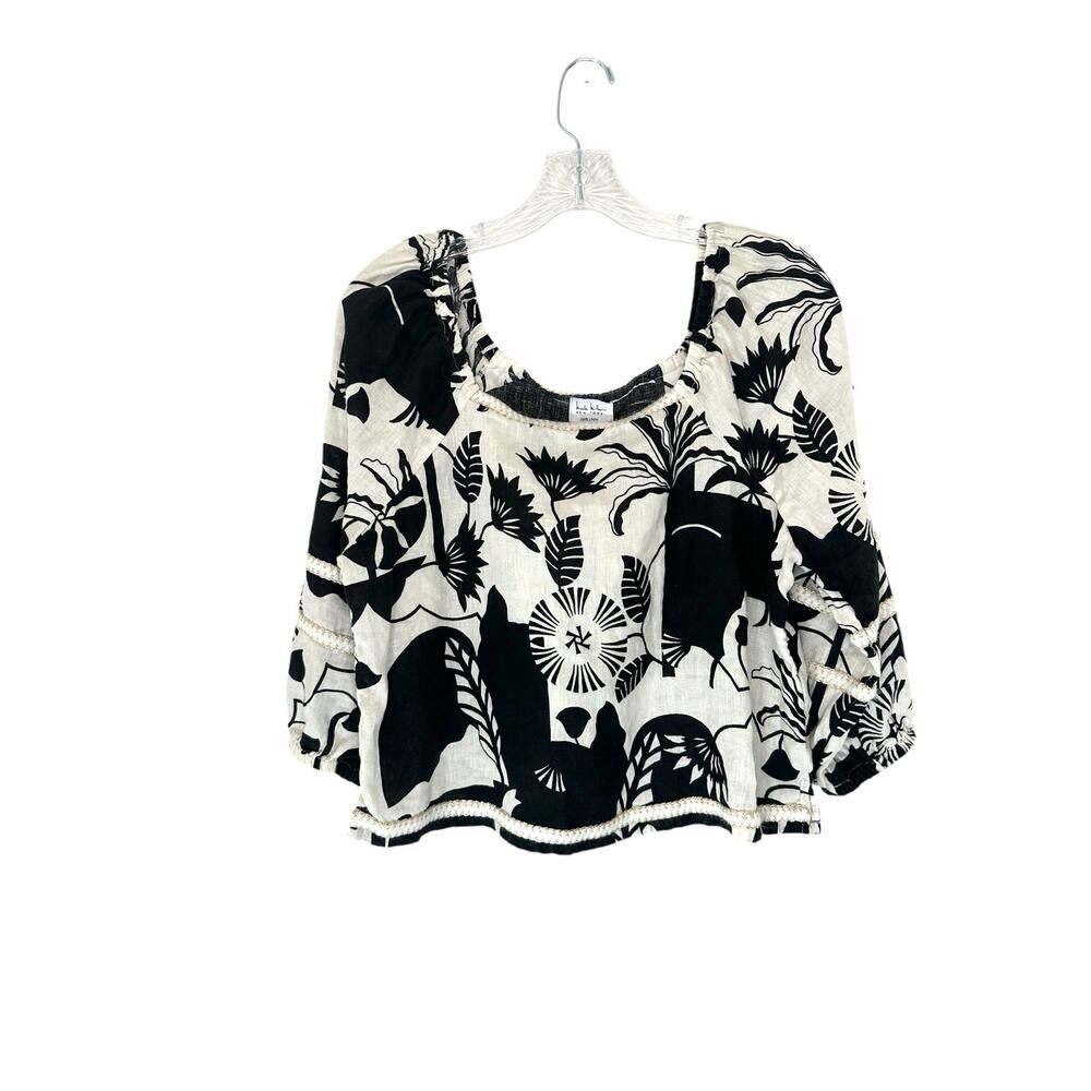 Nicole Miller Black White Linen Lagenlook Knit Vacation Puff Sleeve Blouse Small